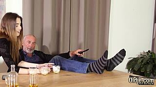 Petite teen expertly deepthroats old man's cock craving more hot cumshot