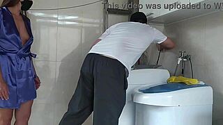 Wife flashes technician in see-through robe, leading to creampie.