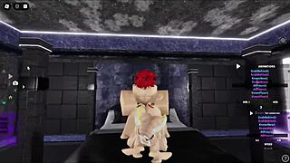 A blonde woman with great big boobs has rough sex with a man who has characteristics of a cat