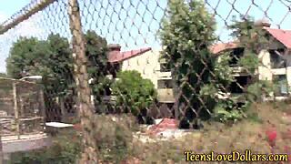 Teen receives blowjob and facial outdoors for payment