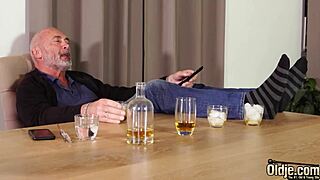 Petite teen expertly deepthroats old man's cock craving more hot cumshot