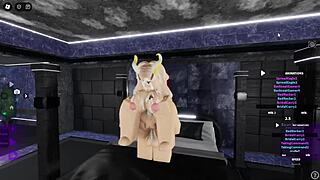 A blonde woman with great big boobs has rough sex with a man who has characteristics of a cat