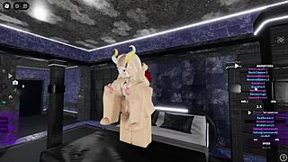 A blonde woman with great big boobs has rough sex with a man who has characteristics of a cat