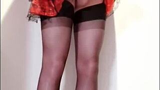 Shemale explodes in corset masturbation and cumshot!