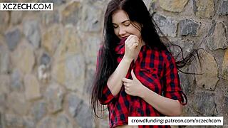 Young Czech girl masturbates while showing tits and legs.