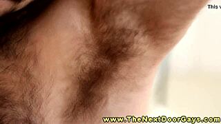 Hairy muscular dude being dicksucked by athletic gay bodybuilder