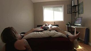 Milf teases and licks her bound boyfriend's feet and cock in part 1