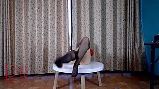 nice lady says, 'watch my striptease in pantyhose and heels.'