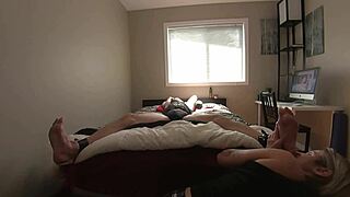 Milf teases and licks her bound boyfriend's feet and cock in part 1