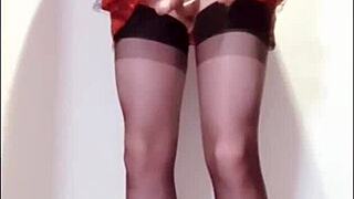 Shemale explodes in corset masturbation and cumshot!