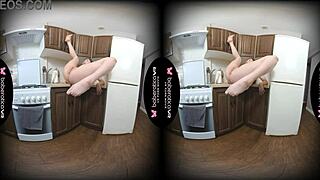 sara bork, touch that shaved pussy in the kitchen while stroking those big tits.