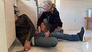 She says, Suck my big cock in the kitchen, while deepthroating the plumber with cum in mouth