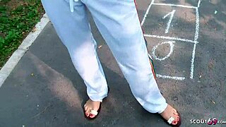 young german teen persuaded for blowjob on playground for cash