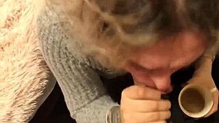 Blonde Babe Sucks Hard, Swallows Cum with Coffee