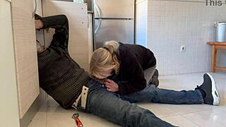 She says, Suck my big cock in the kitchen, while deepthroating the plumber with cum in mouth