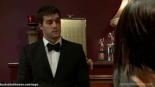 butler dominates and fucks busty brunette babe in tight bondage with rough kinky moves. her submission is total under his big cock control.