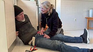 She says, Suck my big cock in the kitchen, while deepthroating the plumber with cum in mouth