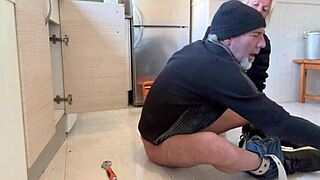 She says, Suck my big cock in the kitchen, while deepthroating the plumber with cum in mouth