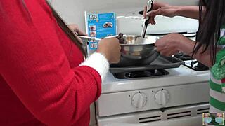 Intense kitchen cooking with upskirt views of milf princess in asian lesbian costume