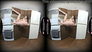 sara bork, touch that shaved pussy in the kitchen while stroking those big tits.