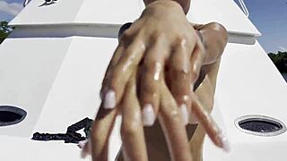 damn, monika fox slams a huge dildo in her shaved pussy on a yacht for free!