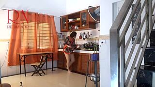 Housewife in Pantyhose Strips as Naked Maid, Cumming in Kitchen.