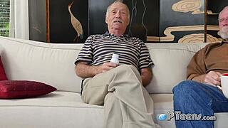 Horny grandpas tease a hot teen, forcing her to deep throat their cocks.