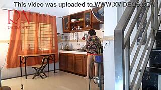 Housewife in Pantyhose Strips as Naked Maid, Cumming in Kitchen.