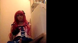 Solo crossdresser masturbates and swallows semen