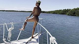 damn, monika fox slams a huge dildo in her shaved pussy on a yacht for free!