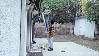 Bella rolland gets roughly analized by two black house workers after solo dildo session