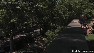 Handcuffed Blonde Sucks Hard Outdoors in Wild Public Display