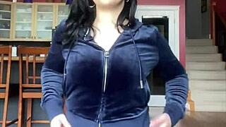 petite brunette student unboxes juicy couture tracksuit