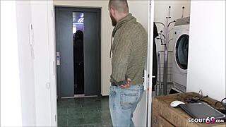 young german student in leggings sucks two huge cocks at college interracial threesome