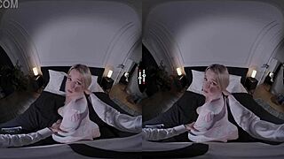 In the dark room vr, the big boss enjoys a blowjob from a blonde with big tits