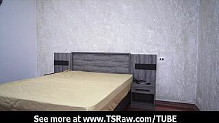 Hot Latina ladyboy gives a deep throat blowjob