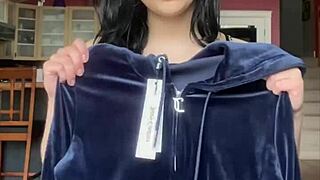 petite brunette student unboxes juicy couture tracksuit