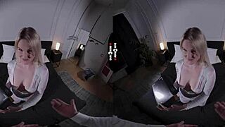 In the dark room vr, the big boss enjoys a blowjob from a blonde with big tits