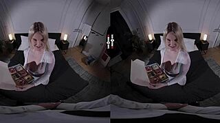 In the dark room vr, the big boss enjoys a blowjob from a blonde with big tits