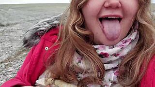 Chubby girlfriend gives sloppy blowjob and face sitting outdoors