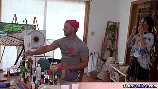 Painter dude fucks girlfriend and model together