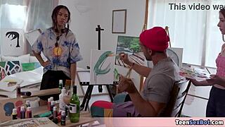 Painter dude fucks girlfriend and model together