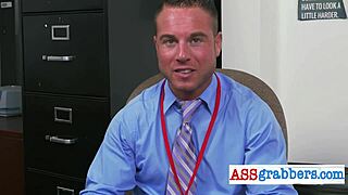 hey, that kinky manager is fucking the worker with a fat dildo in the uniform