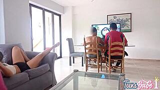 so, while my husband plays, his uncle drills me hard in the corner