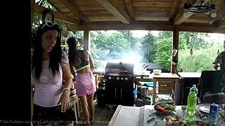 Girls flash shaved pussies at outdoor barbeque party in mini skirts