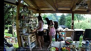 Girls flash shaved pussies at outdoor barbeque party in mini skirts