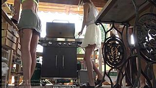 Girls flash shaved pussies at outdoor barbeque party in mini skirts