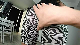 Tight Shorts Slip Off Her Round Ass. Wild Sex Follows on the Table