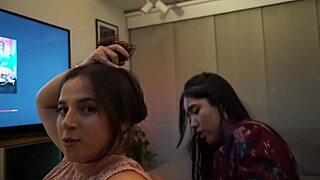 Nataly and Linda dance sexy while stripping off clothes