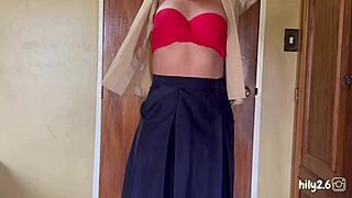 Brunette college girl preps for a steamy session before class